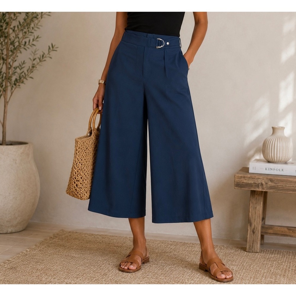 Love Scarlett Womens Teal Blue Wide Leg Culotte Pants D-Ring Belted Cropped M